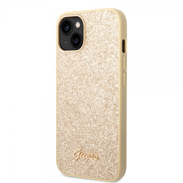 Guess iPhone 14 Plus Cover Glitter Flakes Metal Logo Guld