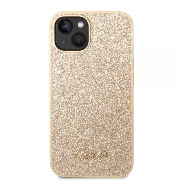 Guess iPhone 14 Plus Cover Glitter Flakes Metal Logo Guld