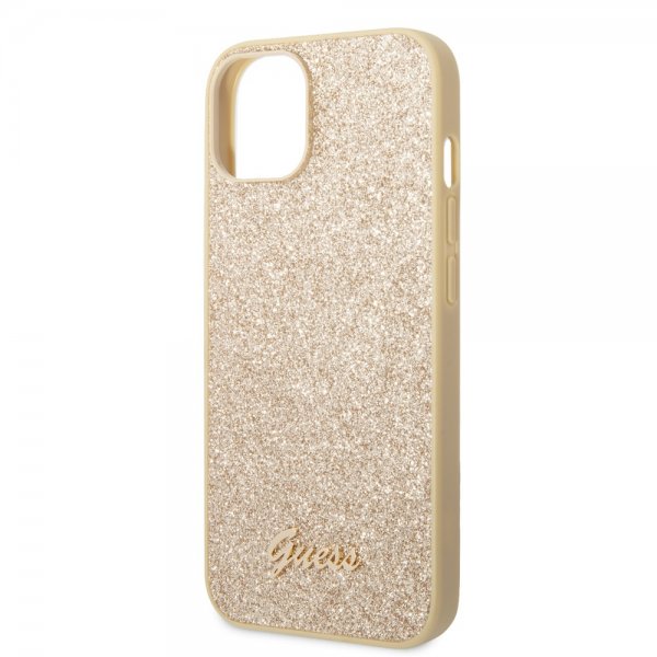 Guess iPhone 14 Plus Cover Glitter Flakes Metal Logo Guld