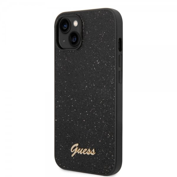Guess iPhone 14 Plus Cover Glitter Flakes Metal Logo Sort
