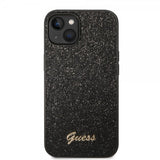 Guess iPhone 14 Plus Cover Glitter Flakes Metal Logo Sort