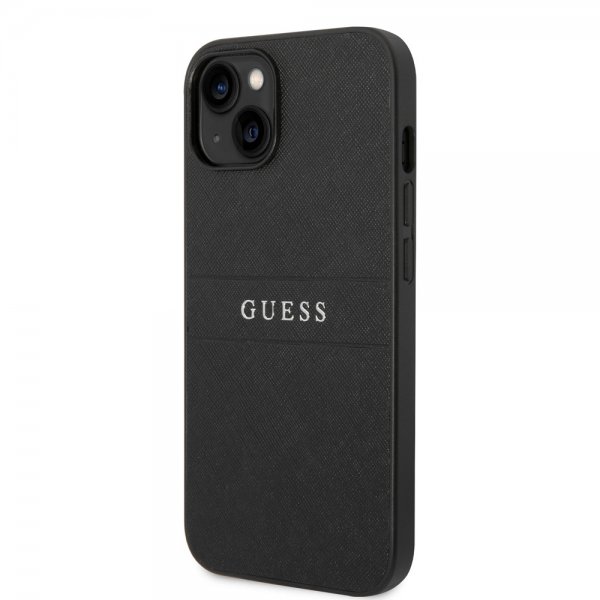 Guess iPhone 14 Plus Cover Saffiano Metal Logo Stripes Sort