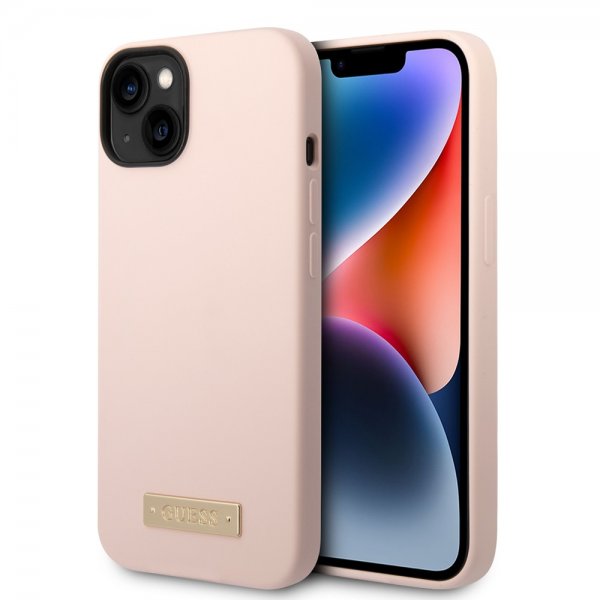 Guess iPhone 14 Plus Cover Silikone Metalplade MagSafe Rosa