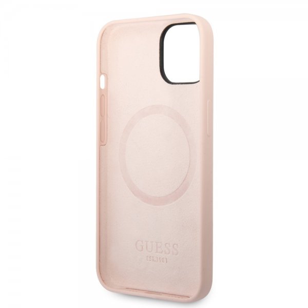 Guess iPhone 14 Plus Cover Silikone Metalplade MagSafe Rosa