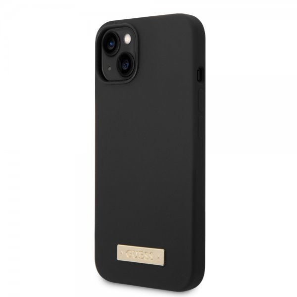 Guess iPhone 14 Plus Cover Silikone Metalplade MagSafe Sort