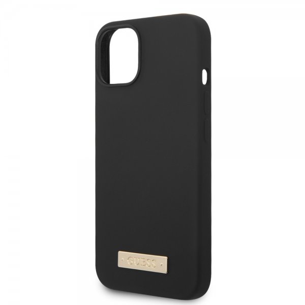 Guess iPhone 14 Plus Cover Silikone Metalplade MagSafe Sort