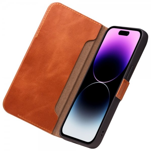Qialino iPhone 14 Pro Max Etui Ægte Læder Brun