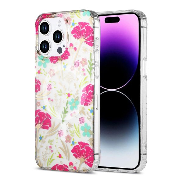 iPhone 14 Pro Max Cover Blomstermønster MagSafe Rød Grøn