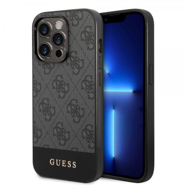 Guess iPhone 14 Pro Max Cover Bottom Stripe Metal Logo Grå