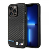 BMW iPhone 14 Pro Max Cover Carbon Effect Printed Logo Sort