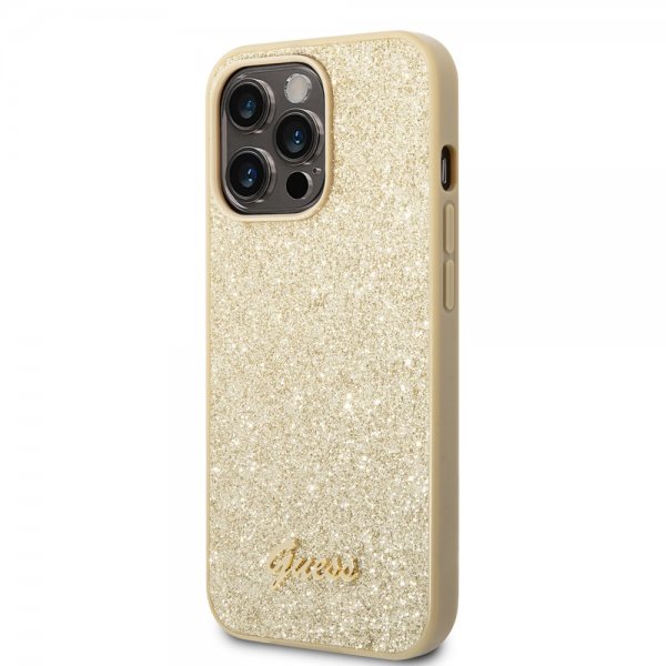 Guess iPhone 14 Pro Max Cover Glitter Flakes Metal Logo Guld