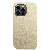 Guess iPhone 14 Pro Max Cover Glitter Flakes Metal Logo Guld