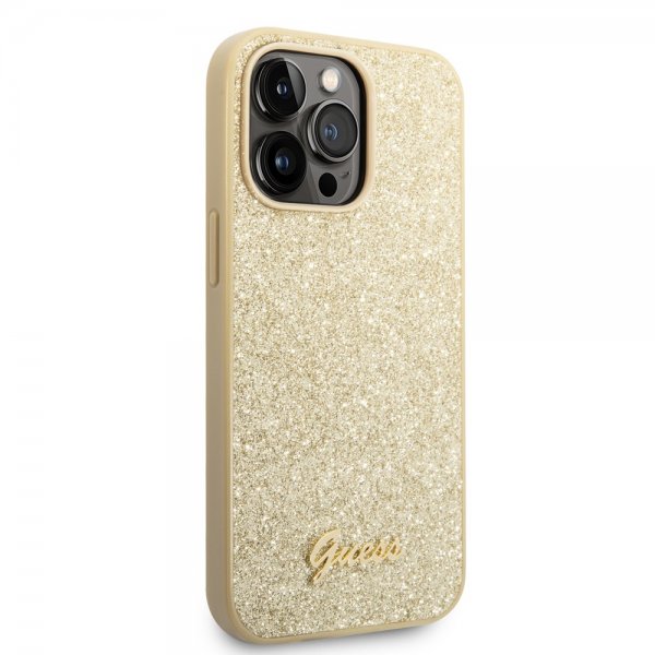 Guess iPhone 14 Pro Max Cover Glitter Flakes Metal Logo Guld