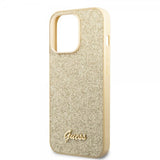 Guess iPhone 14 Pro Max Cover Glitter Flakes Metal Logo Guld