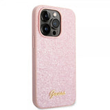 Guess iPhone 14 Pro Max Cover Glitter Flakes Metal Logo Rosa
