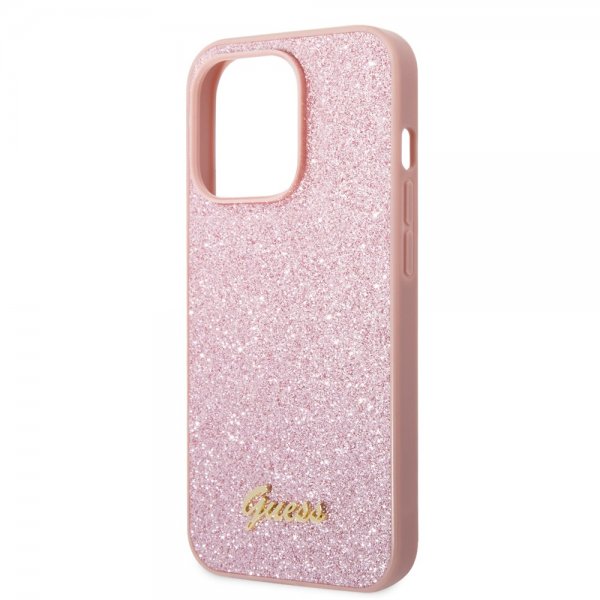 Guess iPhone 14 Pro Max Cover Glitter Flakes Metal Logo Rosa