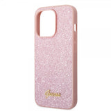 Guess iPhone 14 Pro Max Cover Glitter Flakes Metal Logo Rosa