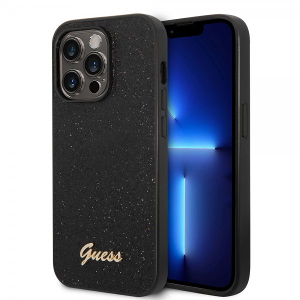 Guess iPhone 14 Pro Max Cover Glitter Flakes Metal Logo Sort