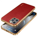 Sulada iPhone 14 Pro Max Cover Litchimønster Forgyldt Kant Rød