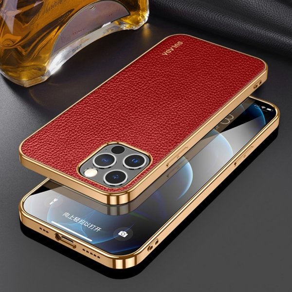 Sulada iPhone 14 Pro Max Cover Litchimønster Forgyldt Kant Rød