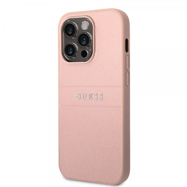 Guess iPhone 14 Pro Max Cover Saffiano Metal Logo Stripes Rosa