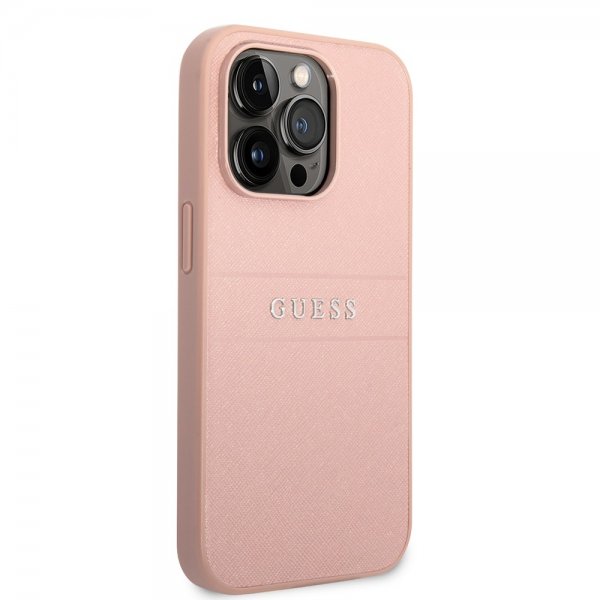 Guess iPhone 14 Pro Max Cover Saffiano Metal Logo Stripes Rosa