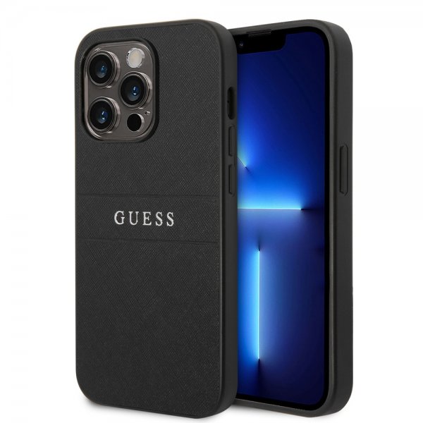 Guess iPhone 14 Pro Max Cover Saffiano Metal Logo Stripes Sort