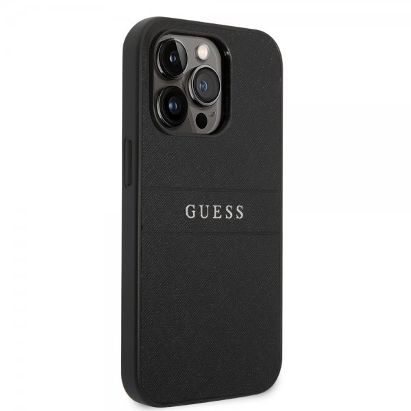 Guess iPhone 14 Pro Max Cover Saffiano Metal Logo Stripes Sort