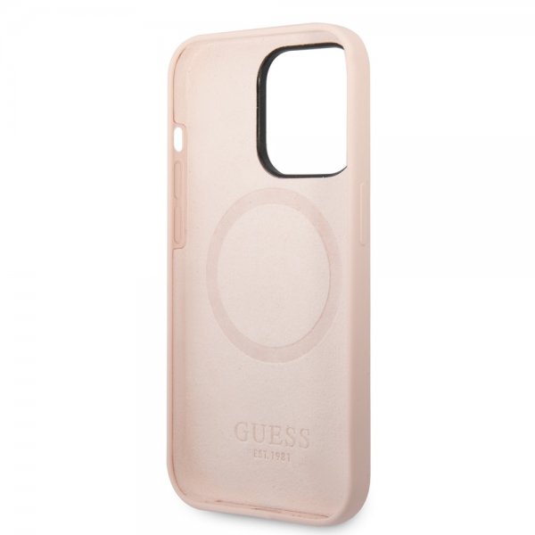 Guess iPhone 14 Pro Max Cover Silikone Metalplade MagSafe Rosa