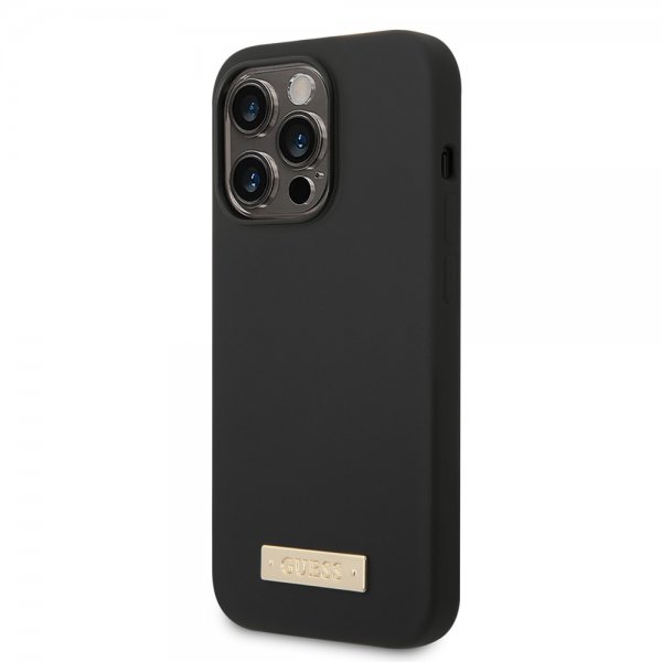 Guess iPhone 14 Pro Max Cover Silikone Metalplade MagSafe Sort
