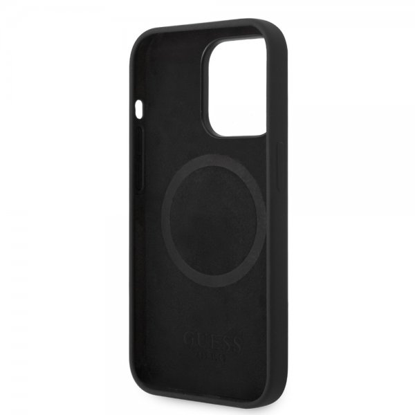 Guess iPhone 14 Pro Max Cover Silikone Metalplade MagSafe Sort