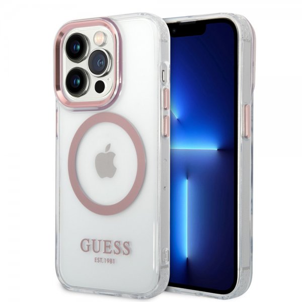 Guess iPhone 14 Pro Max Cover Transparent MagSafe Rosa Transparent