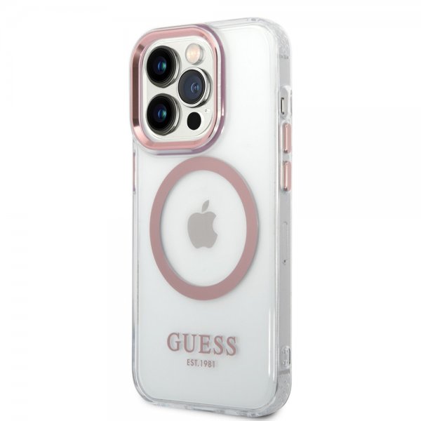 Guess iPhone 14 Pro Max Cover Transparent MagSafe Rosa Transparent