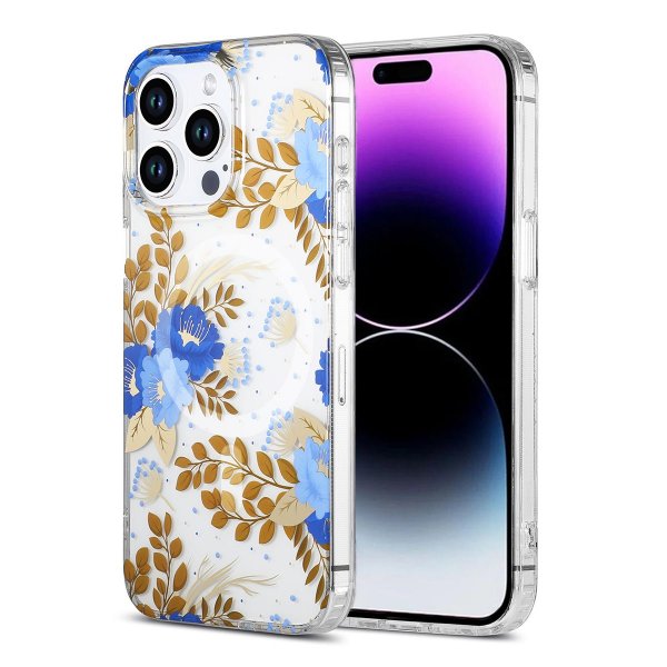 iPhone 14 Pro Cover Blomstermønster MagSafe Blå Guld