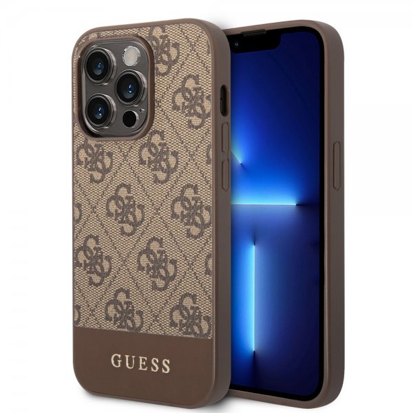 Guess iPhone 14 Pro Cover Bottom Stripe Metal Logo Brun