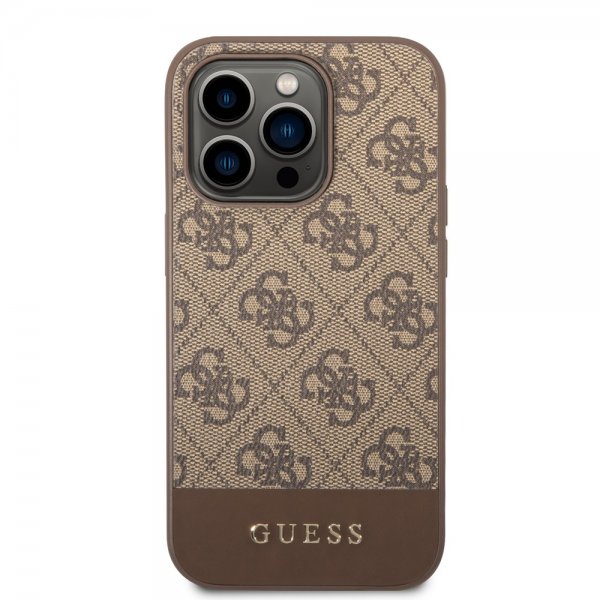 Guess iPhone 14 Pro Cover Bottom Stripe Metal Logo Brun