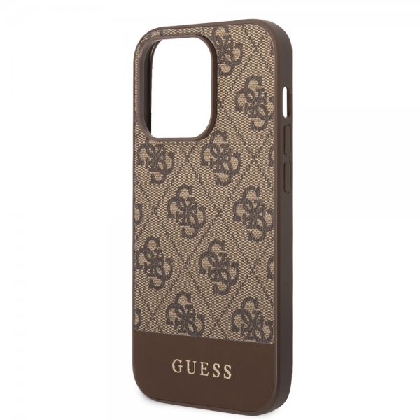 Guess iPhone 14 Pro Cover Bottom Stripe Metal Logo Brun