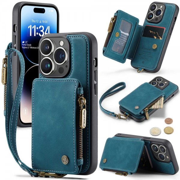 CaseMe iPhone 14 Pro Cover C20 Kortlomme Lynlås Petrol
