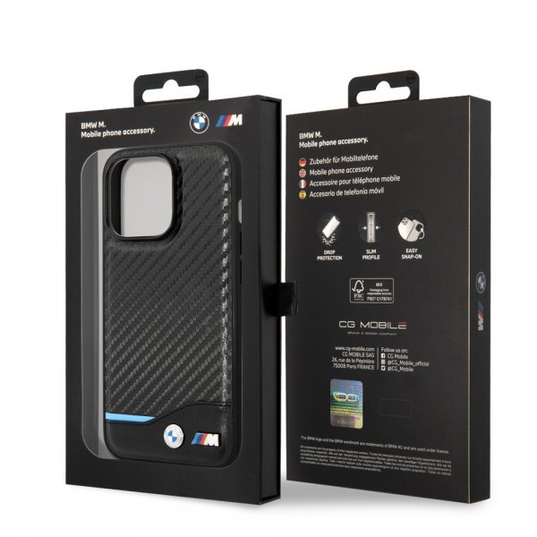 BMW iPhone 14 Pro Cover Carbon Effect Printed Logo Sort