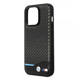 BMW iPhone 14 Pro Cover Carbon Effect Printed Logo Sort