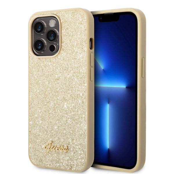 Guess iPhone 14 Pro Cover Glitter Flakes Metal Logo Guld