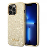Guess iPhone 14 Pro Cover Glitter Flakes Metal Logo Guld