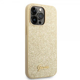 Guess iPhone 14 Pro Cover Glitter Flakes Metal Logo Guld