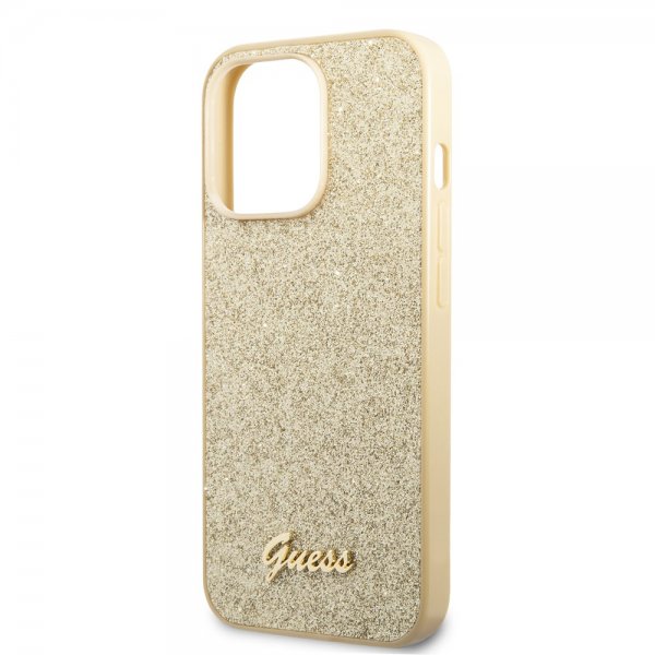 Guess iPhone 14 Pro Cover Glitter Flakes Metal Logo Guld