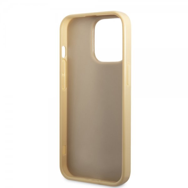 Guess iPhone 14 Pro Cover Glitter Flakes Metal Logo Guld