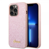 Guess iPhone 14 Pro Cover Glitter Flakes Metal Logo Rosa
