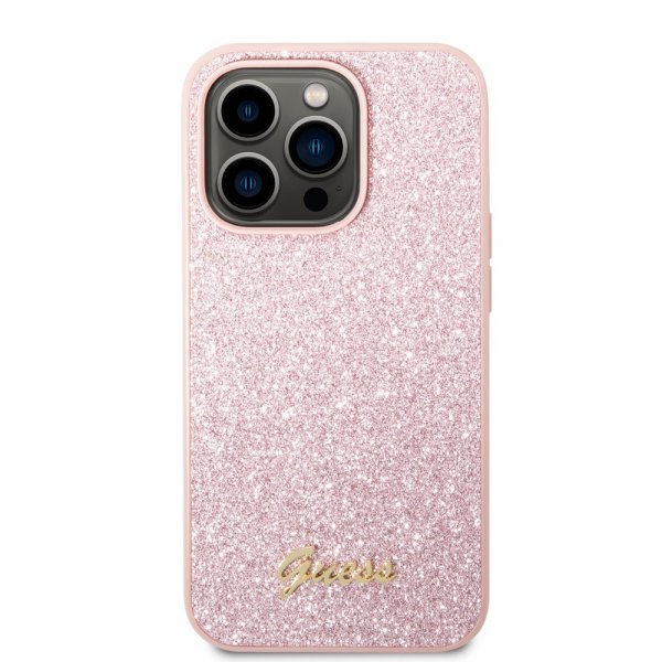 Guess iPhone 14 Pro Cover Glitter Flakes Metal Logo Rosa