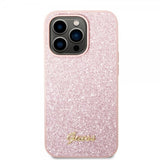 Guess iPhone 14 Pro Cover Glitter Flakes Metal Logo Rosa