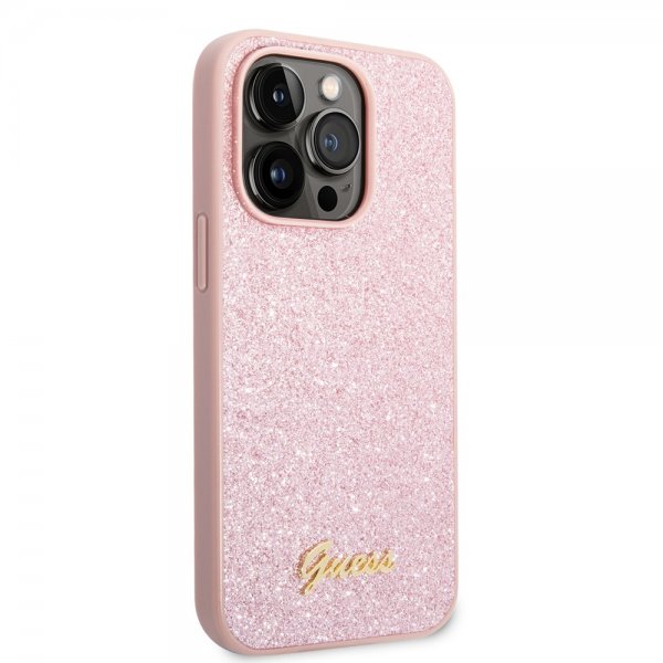 Guess iPhone 14 Pro Cover Glitter Flakes Metal Logo Rosa