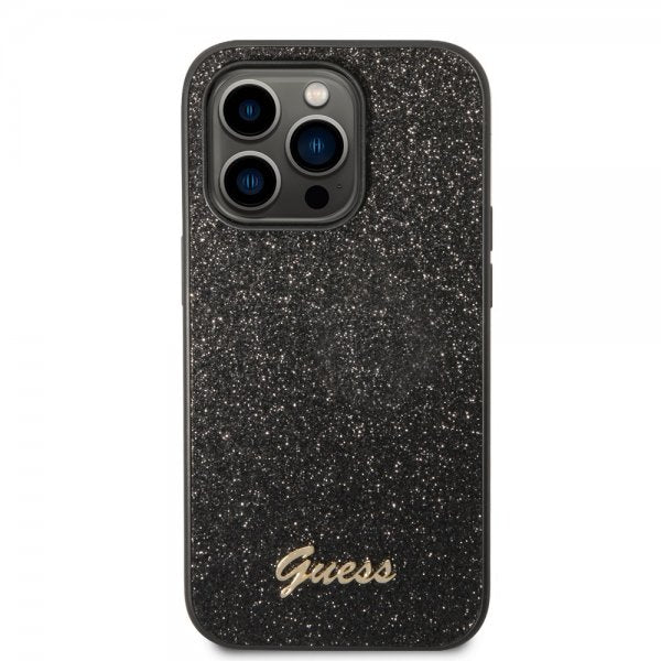 Guess iPhone 14 Pro Cover Glitter Flakes Metal Logo Sort